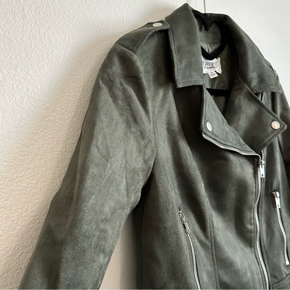 BB Dakota by Steve Madden Army Green Faux Vegan Suede Moto Jacket Size S - Picture 4 of 12